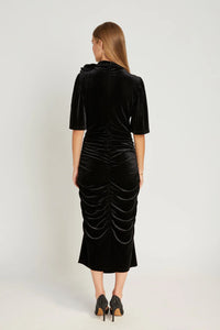 RDF Black Velvet Ruched Midi Dress