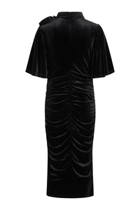 RDF Black Velvet Ruched Midi Dress