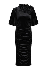 RDF Black Velvet Ruched Midi Dress