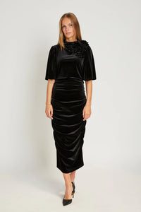 RDF Black Velvet Ruched Midi Dress