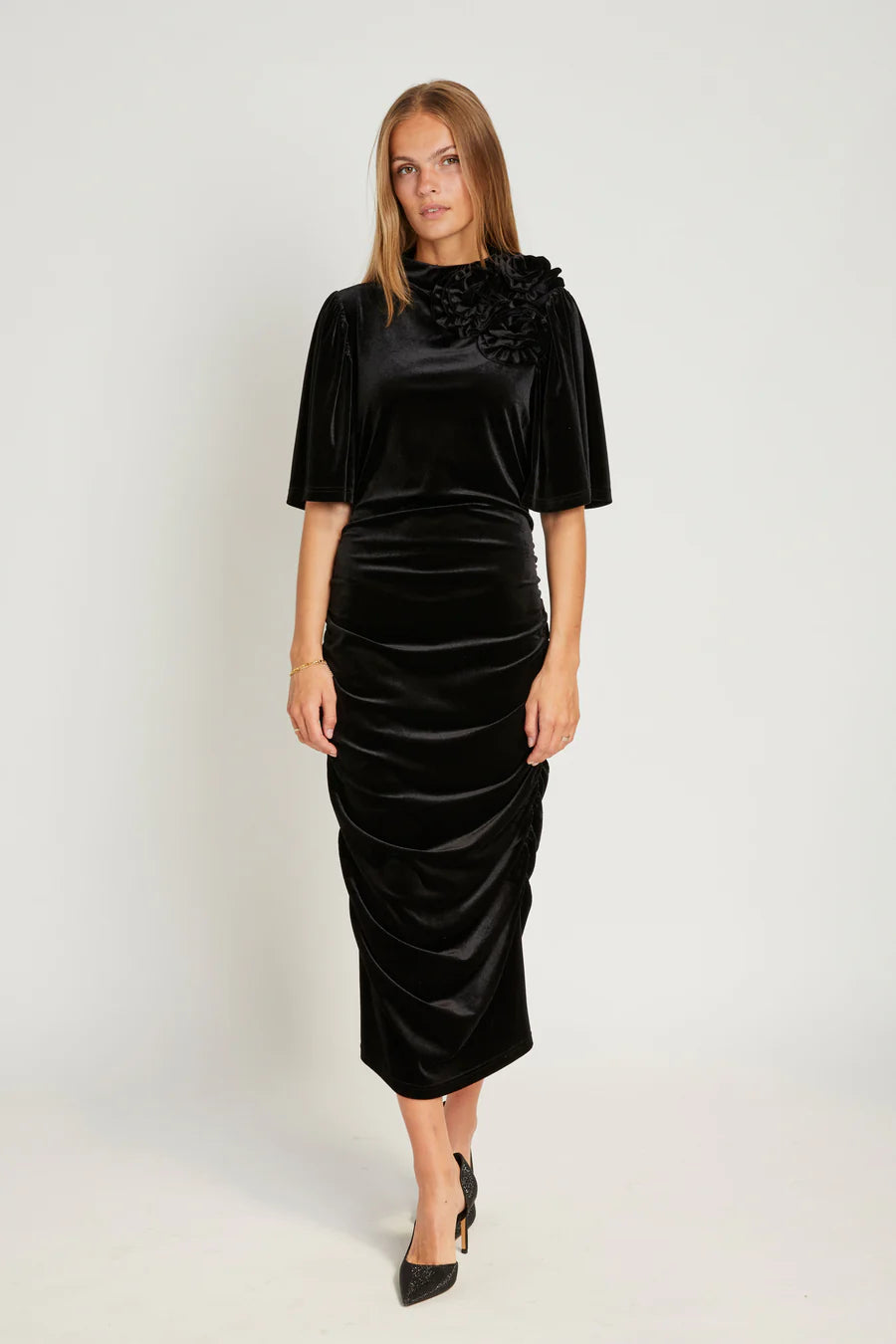 RDF Black Velvet Ruched Midi Dress