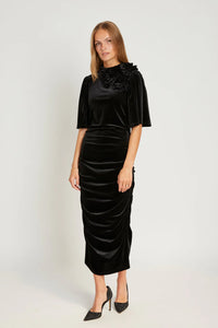 RDF Black Velvet Ruched Midi Dress