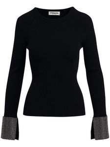 Essentiel Antwerp Rib-Knit black jumper with crystal embellished cuff