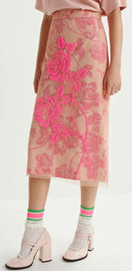 Essentiel Antwerp Pink Tulle Midi Skirt with Floral Beaded Embellishment