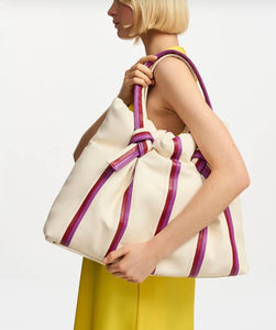 Essentiel Antwerp Ecru , Purple & Burgandy Stripe Shopper Bag