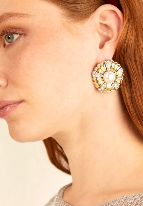 Nali Vintage Gold with Crystals & Pearl Stud Earrings