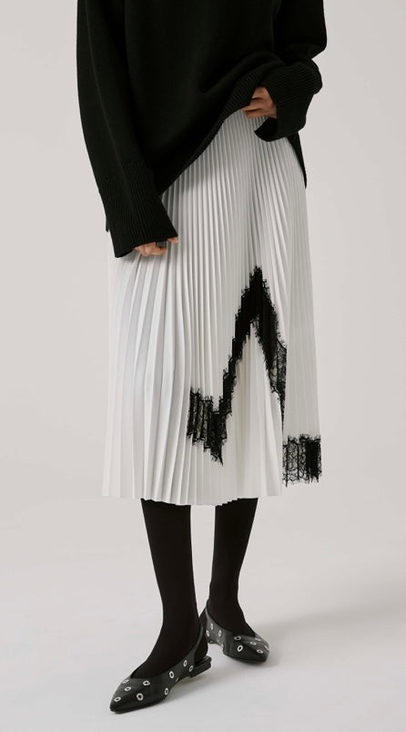 Beatrice B White Pleated Skirt with Black Lace Inserts