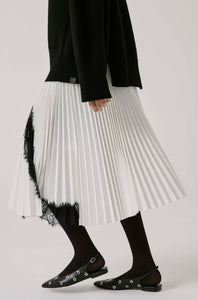 Beatrice B White Pleated Skirt with Black Lace Inserts