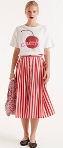 Compania Red & Pink Stripe Poplin Cotton Midi Skirt