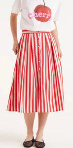 Compania Red & Pink Stripe Poplin Cotton Midi Skirt