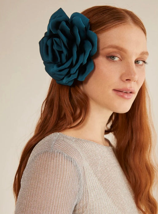 Nali Teal  Satin Rose Corsage Brooch / Hair Clip