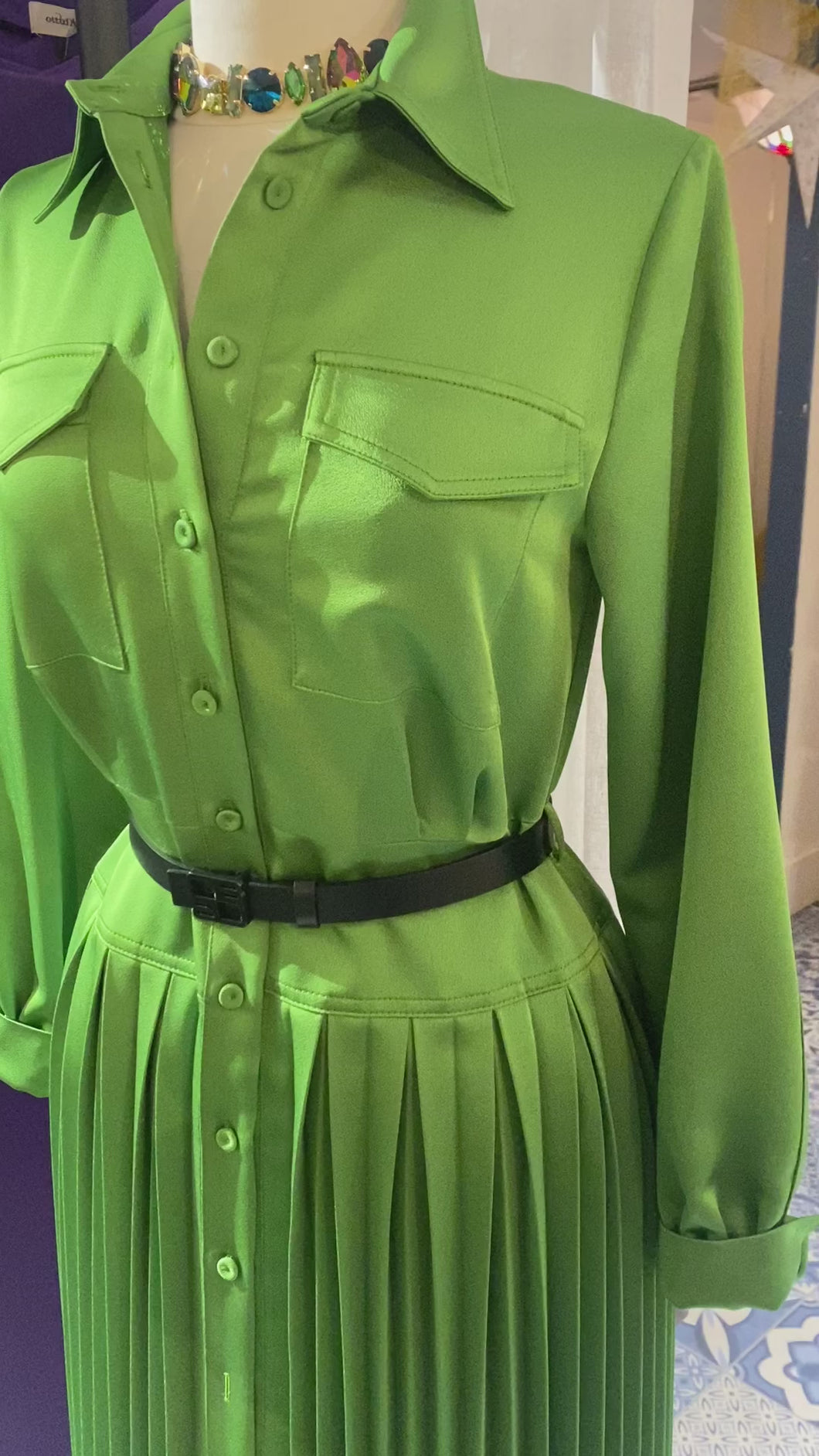 Beatrice B Kiwi Green Satin Pleated Midi Shirt Dress